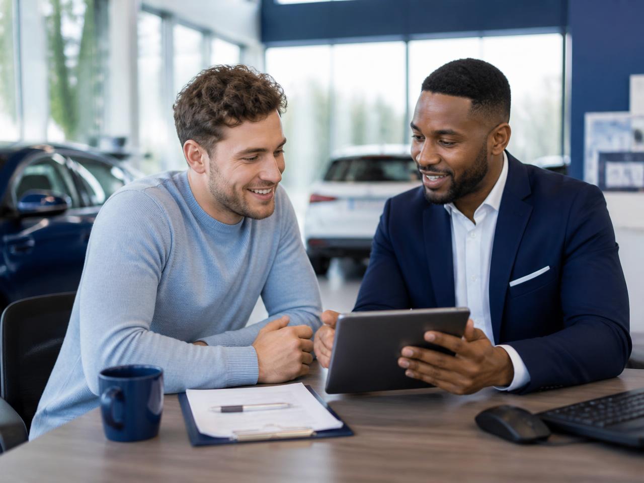 Dealership salesperson and customer reviewing payment information together on a tablet