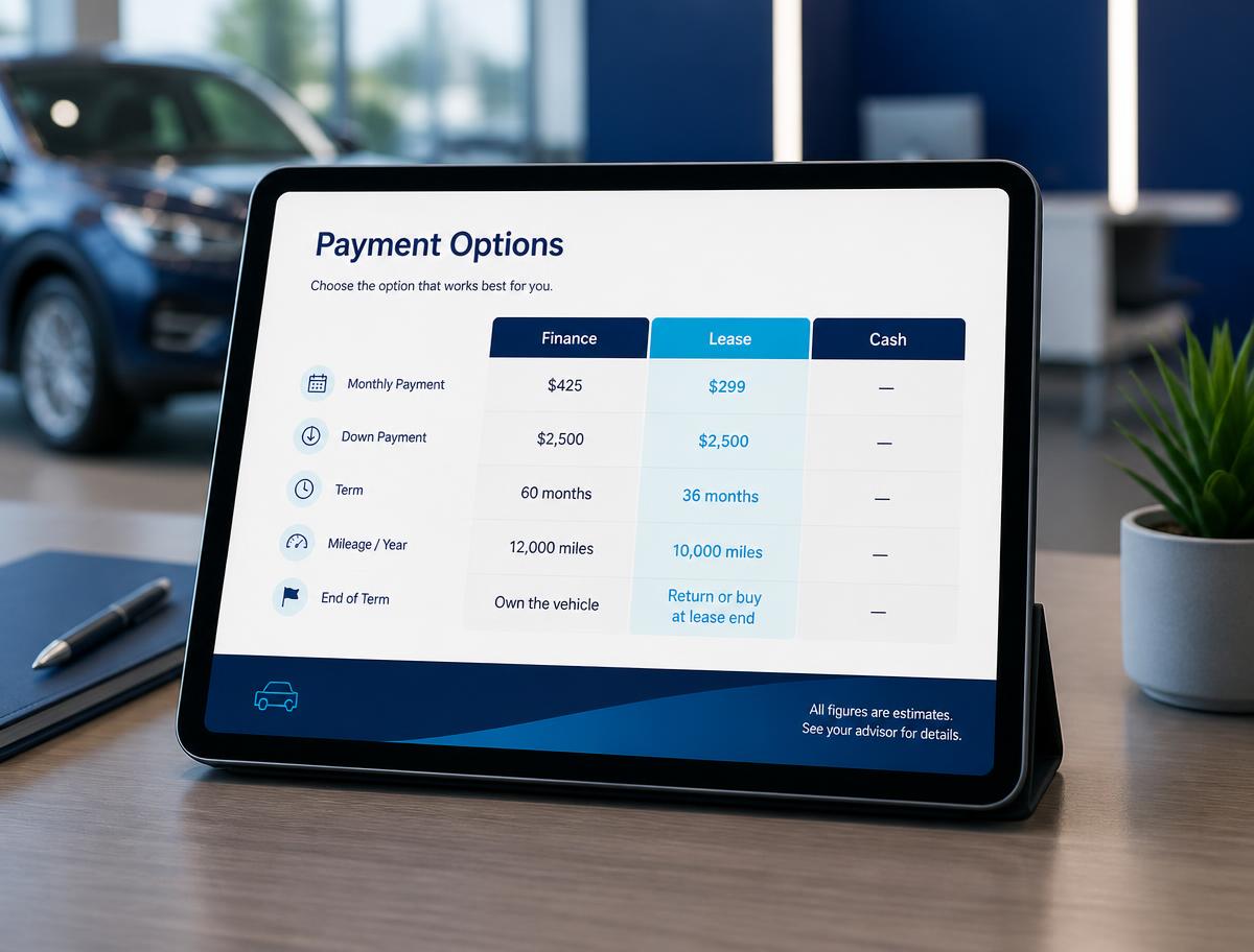 Tablet on a dealership desk showing a clear payment options presentation